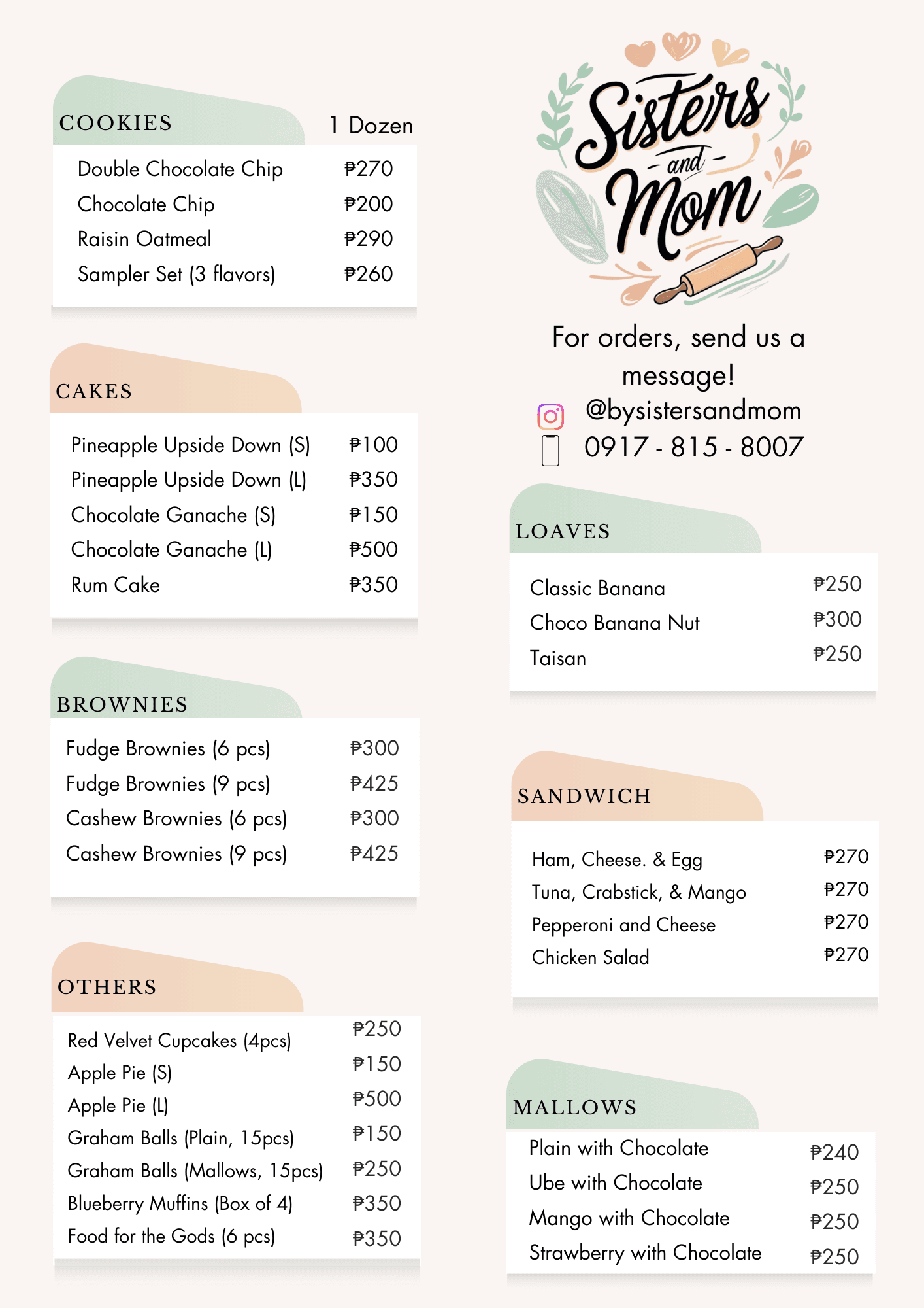 Sisters & Mom Menu - Cookies, Cinnamon Rolls, Sandwiches, Mallows, Muffins, Cakes, Loaves, and More